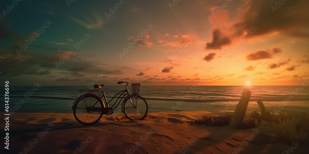 There is a bicycle on the seashore at dawn. The concept of a morning bike ride. Created with generative AI tools