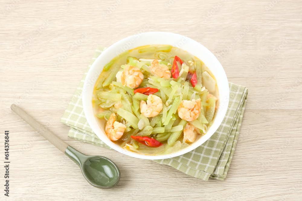 Tumis Labu Siam Udang, spicy stir fry chayote with shrimp, Indonesian traditional food
Tumis Labu Siam Udang, spicy stir fry chayote with shrimp, Indonesian traditional food