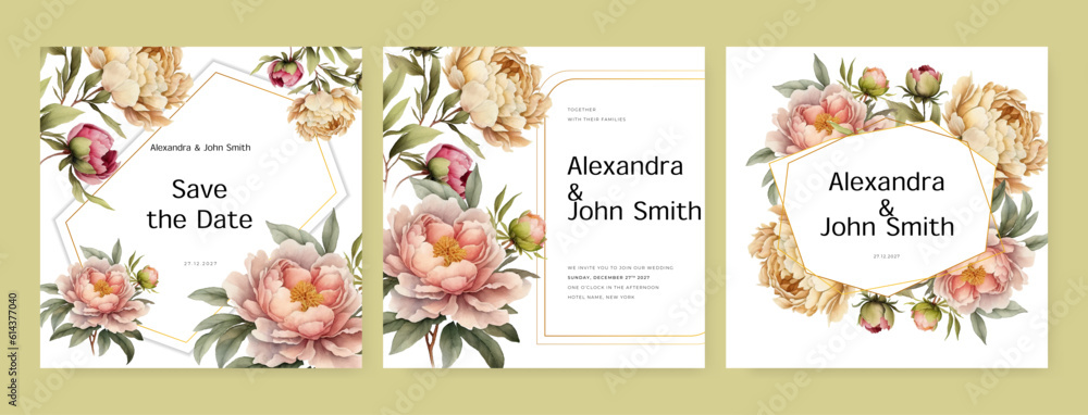 White pink rose floral flower vector flower wedding invitation template with aesthetic border watercolor