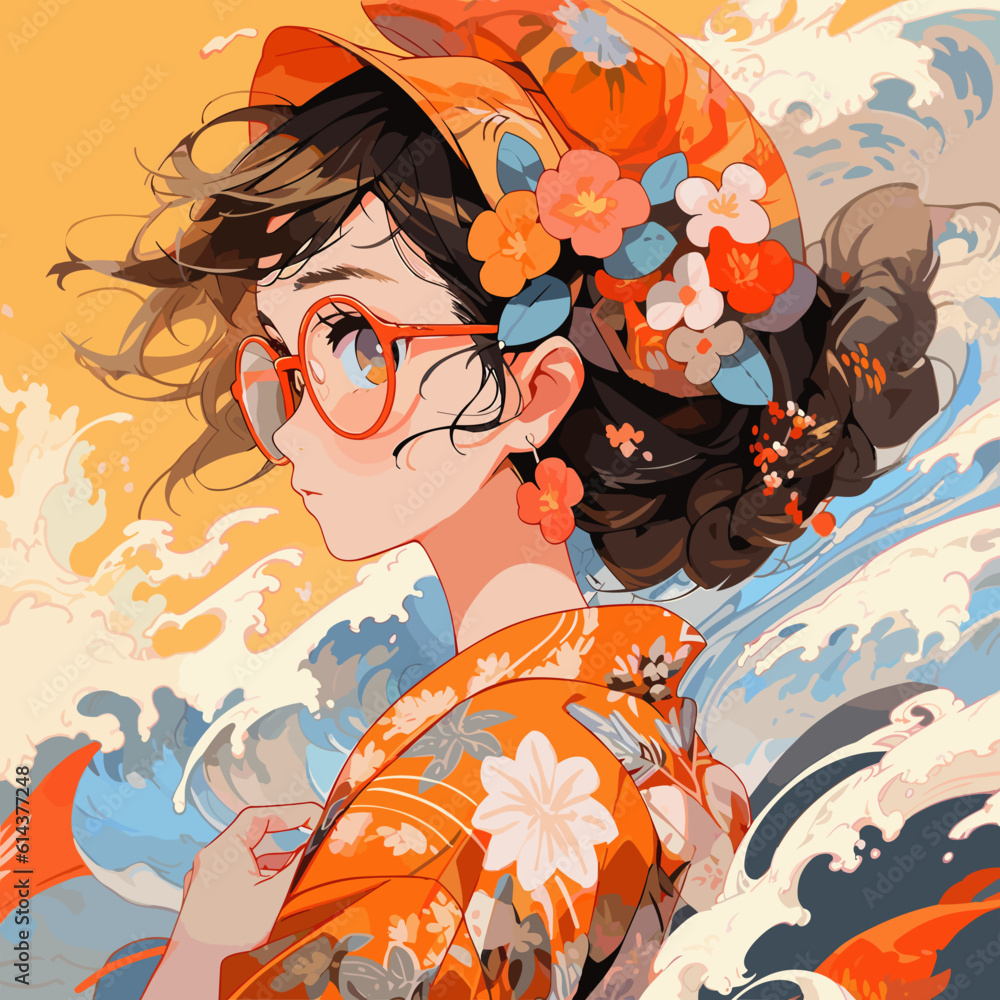 Obraz premium Portrait manga japonais fleuri au vent