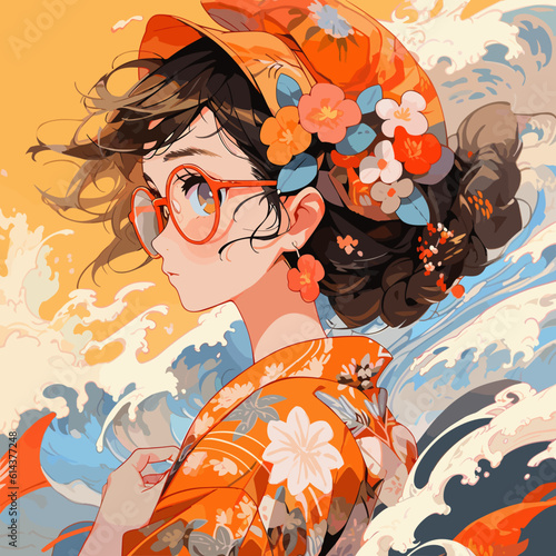 Portrait manga japonais fleuri au vent
