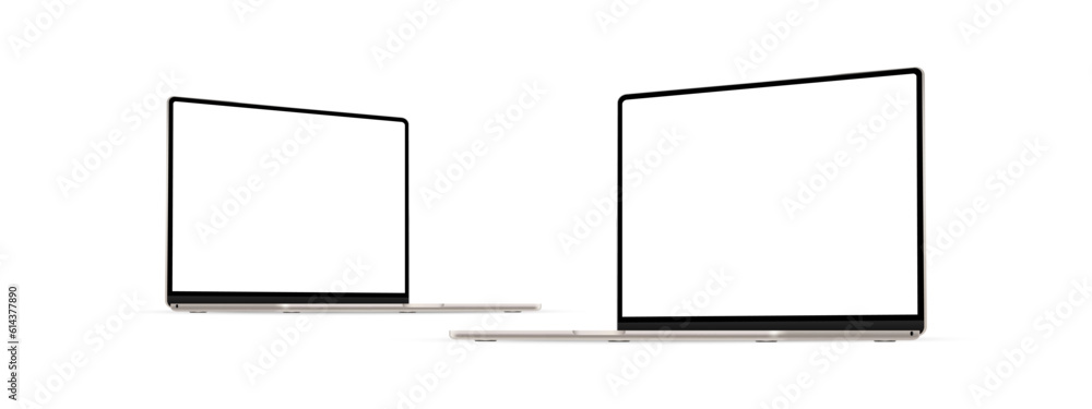 Modern Golden Laptop Mockup, Perspective Side View, Blank Screens, Isolated on White Background. Vector Illustration Modern Golden Laptop Mockup, Perspective Side View, Blank Screens, Isolated on White Background. Vector Illustration