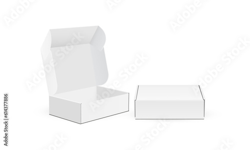 Cardboard Mailing Product Box, Shipping Mailer Packaging, Opened and Closed Mockup, Front, Side View. Vector Illustration