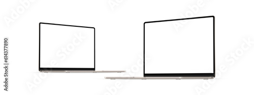 Modern Golden Laptop Mockup, Perspective Side View, Blank Screens, Isolated on White Background. Vector Illustration