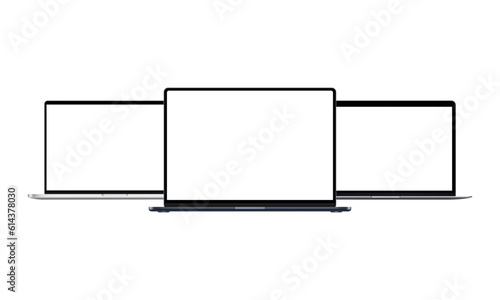 Laptop Computers, Silver, Grey, Dark-Blue Mockups With Blank Screens, Isolated on White Background. Vector Illustration