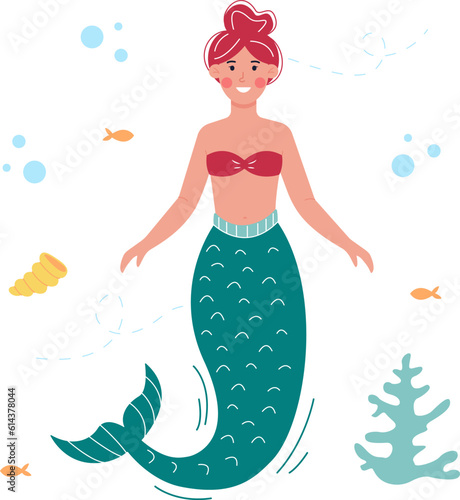 Cute mermaid with fish, shells and sea plants. Vector illustration for children, greeting cards