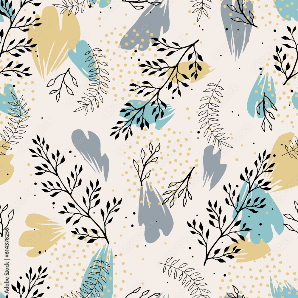 Scandinavian seamless doodle pattern with leaves sketch.  For wrapping paper. Ideal for wallpaper, surface textures, textiles.