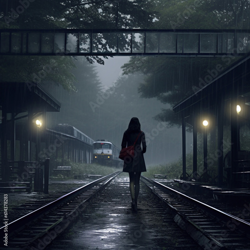 Woman walking on railway track