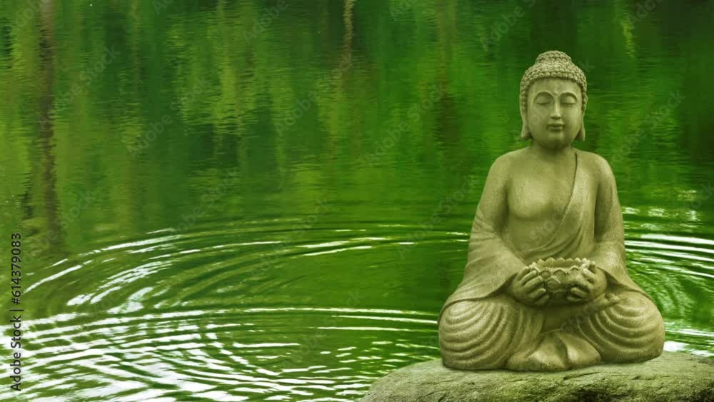 calm spa background with slow motion water wave circle and buddha statue on a rock in a green forest lake, tranquility in nature with space for products or text calm spa background with slow motion water wave circle and buddha statue on a rock in a green forest lake, tranquility in nature with space for products or text