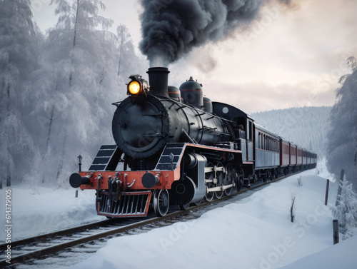 Steam locomotive in winter forest. Retro style train. created with Generative AI