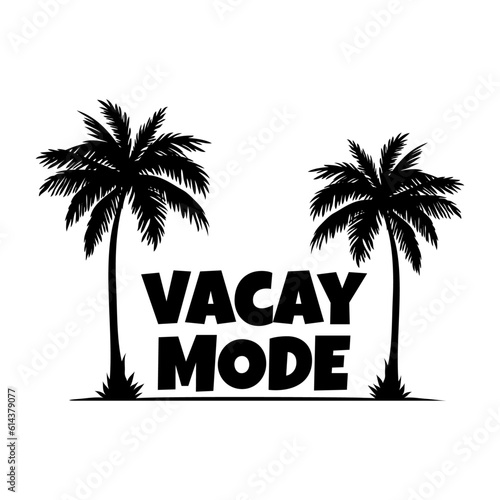 Logo vacaciones en la playa. Letras de la palabra Vacay Mode en la arena de una playa con silueta de palmeras