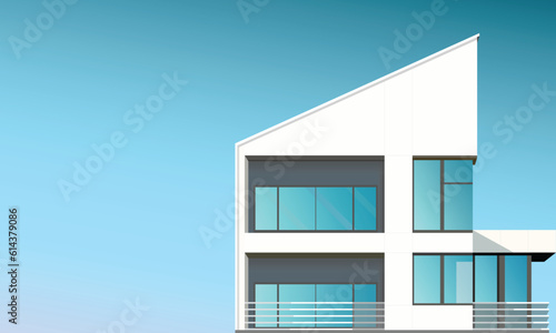 Vector illustration of modern contemporary multistory house with clean lines sharp edges balconies roof terrace big windows. Sunny day blue sky background. Real estate rental property investment