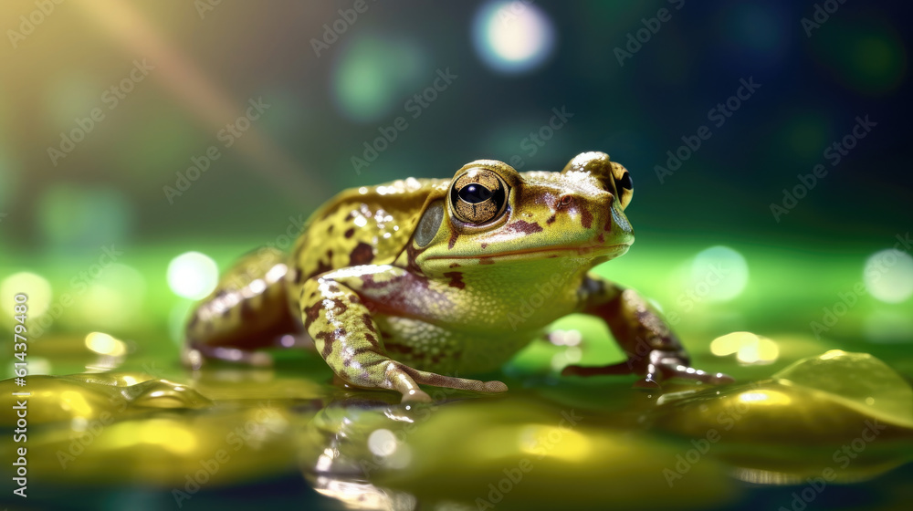 Naklejka premium Closeup photography of a frog on a lotus leaf and at the edge of the pond