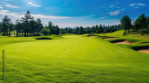 Green grass area in golf courses in bright day