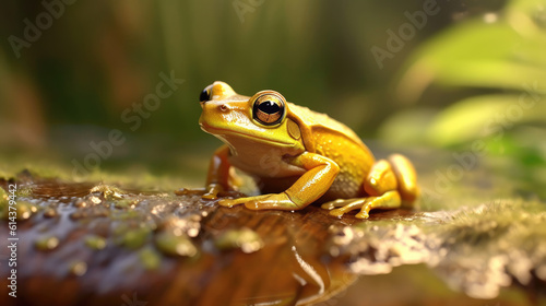 Closeup photography of a frog on a lotus leaf and at the edge of the pond © didiksaputra
