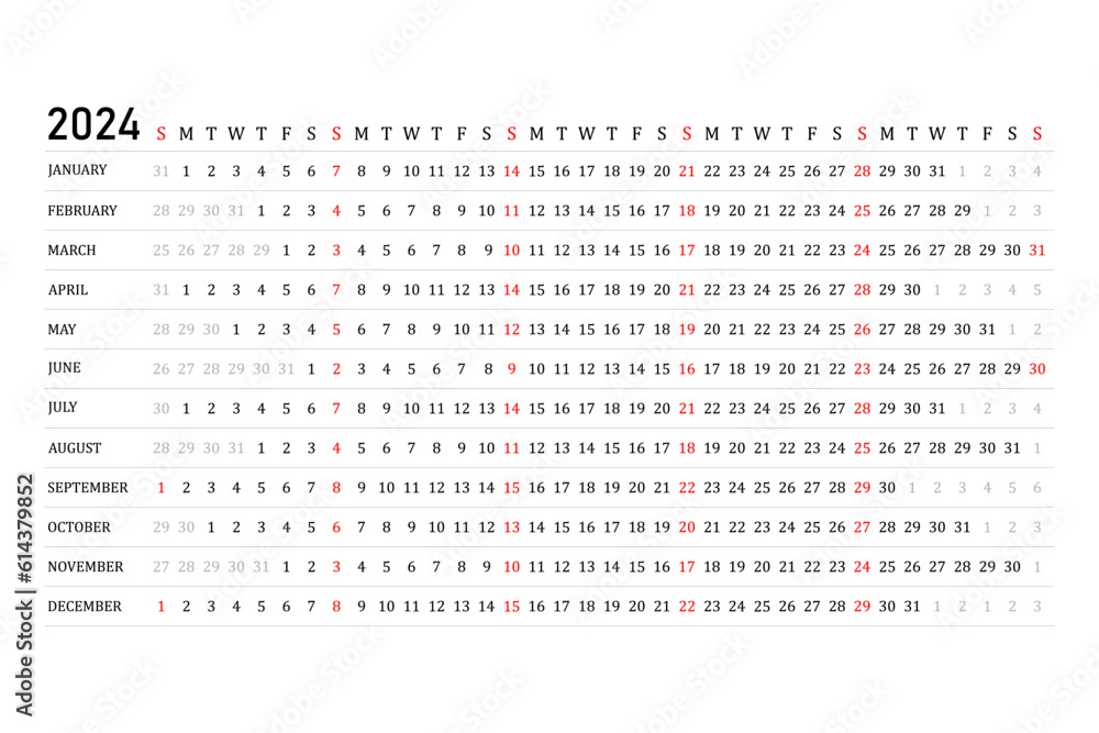 The calendar is linear for 2024. Vector. The planner of the annual calendar. A schedule template with months. The week starts on Sunday. Horizontal, landscape orientation, English. The calendar is linear for 2024. Vector. The planner of the annual calendar. A schedule template with months. The week starts on Sunday. Horizontal, landscape orientation, English.