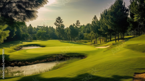 Green grass area in golf courses in bright day