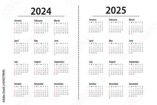 Calendar for 2024, 2025 the week starts on Sunday. Basic business template. Vector illustration