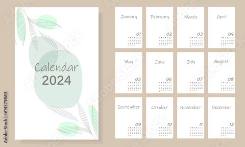 Calendar for 2024 in a fashionable minimalist style. The minimum design of the calendar planner for 2024 for printing a template. A set of 12 pages of a desktop calendar. Vector illustration