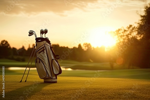 Golf bag in the golf course at the sunset photo
