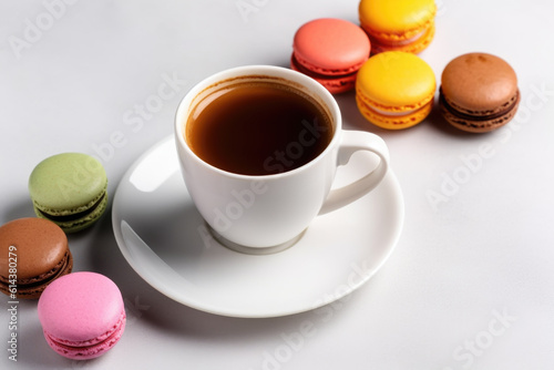 A cup of coffee with macarons on white background. Generative AI