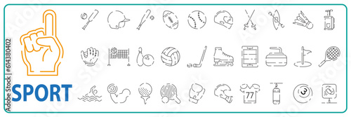 Set of sport line icons. Vector Illustrations. Gym team support fans and win tournament cup
