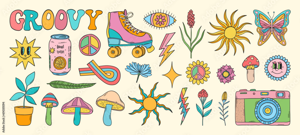 Groovy vector set. Hippie elements. 70s groovy hippie clipart. Retro groovy stickers. Psychedelic funky 60s 70s doodles. Retro cartoon roller skates, photo camera. Groovy vector set. Hippie elements. 70s groovy hippie clipart. Retro groovy stickers. Psychedelic funky 60s 70s doodles. Retro cartoon roller skates, photo camera.