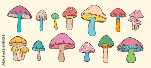 Groovy mushrooms vector set. Hippie elements. 70s groovy hippie clipart. Retro groovy mushrooms stickers. Psychedelic funky 60s 70s doodles. Set of retro cartoon mushroom stickers.