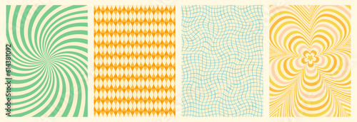 Groovy backgrounds set. Retro groovy texture. 60s and 70s style. Hippie backgrounds. Psychedelic funky abstract. Groovy poster template. Nostalgia for the 70s.