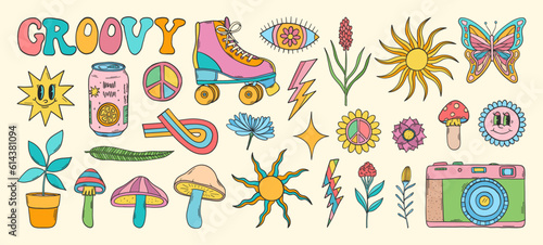 Groovy vector set. Hippie elements. 70s groovy hippie clipart. Retro groovy stickers. Psychedelic funky 60s 70s doodles. Retro cartoon roller skates, photo camera.