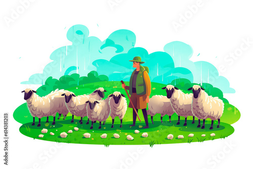 sheep with man in cartoon style for video game isolated on white background.