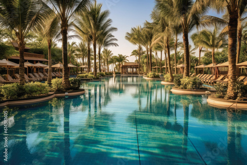 Resort swimming pool surrounded by palm trees and cabanas  evoking a tropical paradise ambiance and a sense of escape