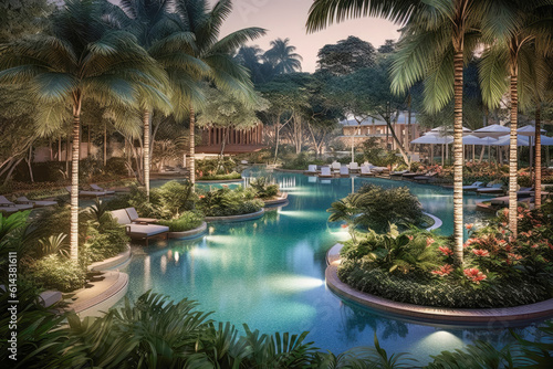 Resort-style pool surrounded by lush gardens, conveying a serene and idyllic atmosphere reminiscent of a private oasis
