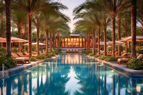 Resort swimming pool surrounded by palm trees and cabanas, evoking a tropical paradise ambiance and a sense of escape