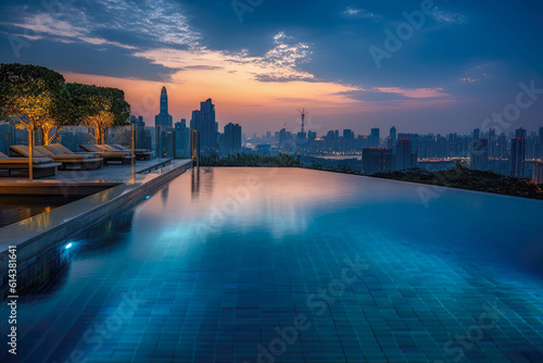 Rooftop infinity pool with panoramic city views at late sunset time, exuding a lavish and exclusive atmosphere