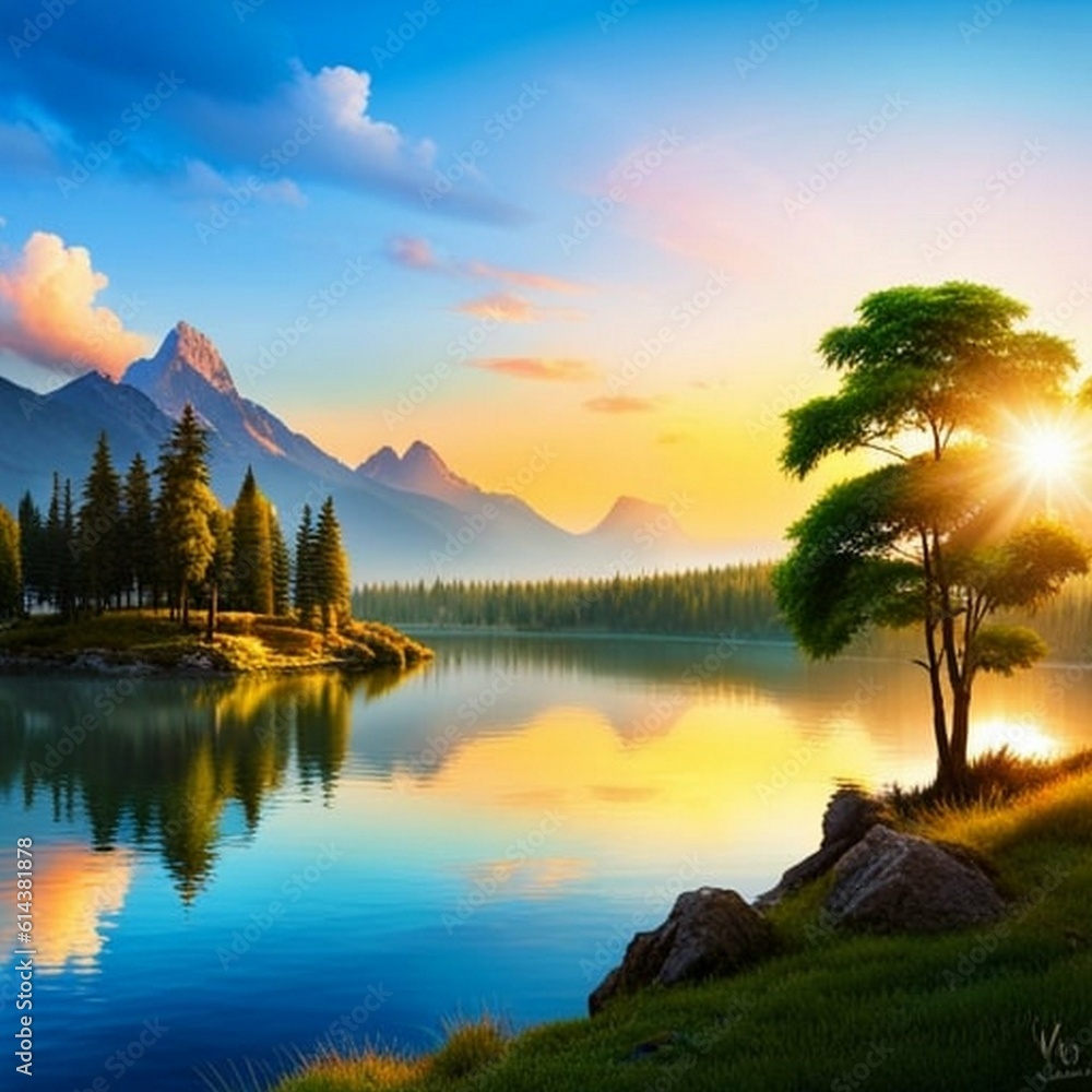 serene summer landscape with blue sky, green plants, mountains and water, ai generated
