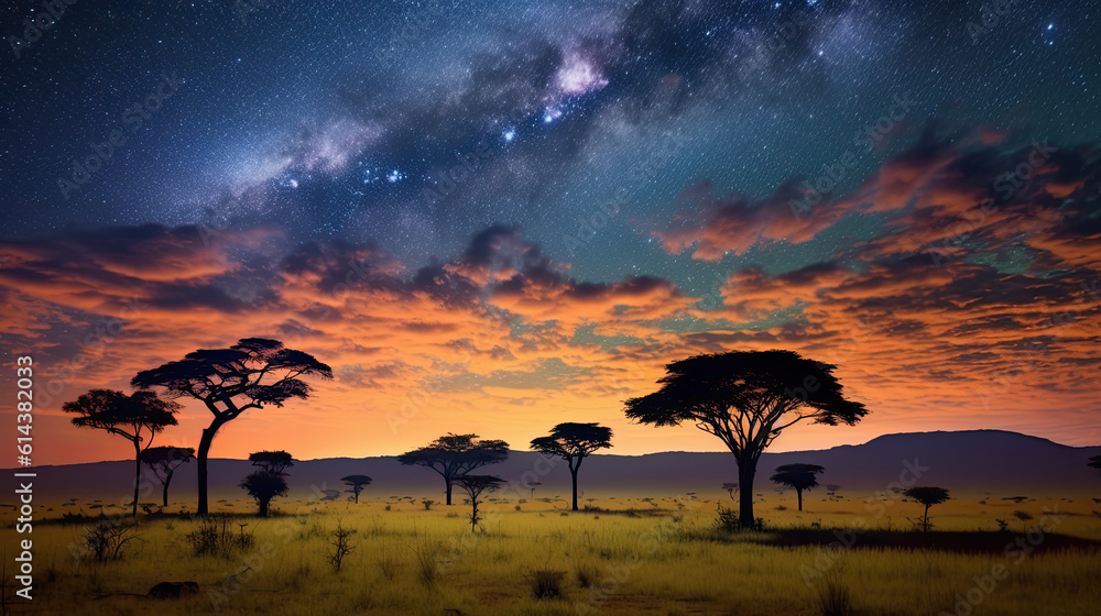 Serengeti or savanna at night time. Night time or dusk with beautiful milkyway like nebula in the sky. - Generative AI