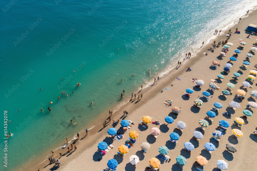 Aerial view of sandy beach with colorful umbrellas, swimming people in sea bay with transparent blue water in summer. Top view