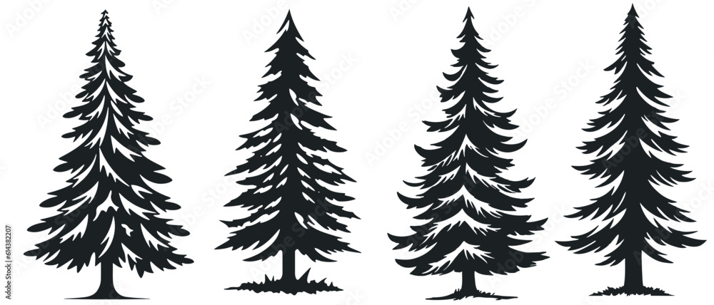 Christmas Trees Set, Black Pictogram Isolated on White Background, Winter Holiday Symbols. Vector