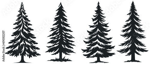 Christmas Trees Set, Black Pictogram Isolated on White Background, Winter Holiday Symbols. Vector