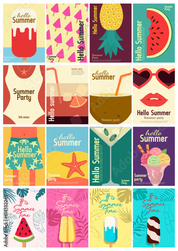 Summer time vector poster set. Hot or sunny time text collection with ice cream watermelon popsicle and hat elements for tropical holiday vacation. Vector illustration