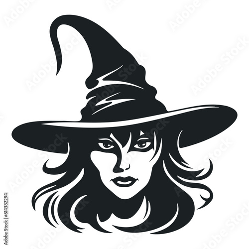 witch with traditional hat - sorceress costume for halloween black and white vector portrait