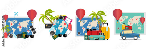 Travel Summer poster or banner set. Vector tourism and tourist. Flight or car journey and trip illustration vacation holiday