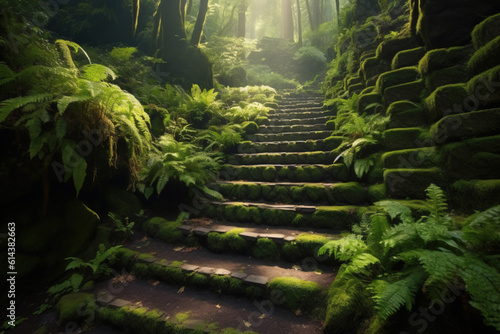 The Way Forward Through a Forest of Steps. A low angle view of a peaceful day in the forest. Generative AI.