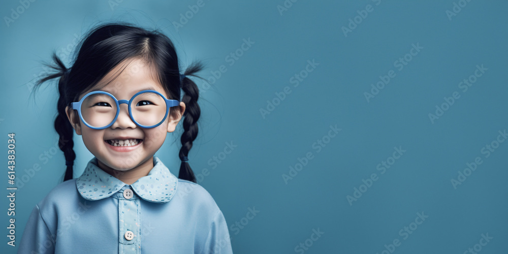 Happy little asian girl with big eyeglasses. Isolated on solid blue background Happy little asian girl with big eyeglasses. Isolated on solid blue background