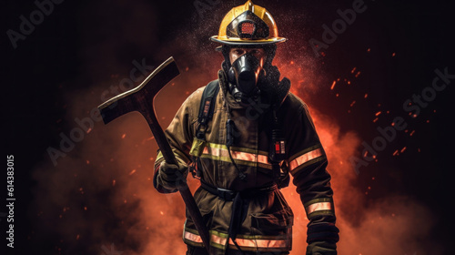 fireman in helmet action fighting holding an ax © EmmaStock