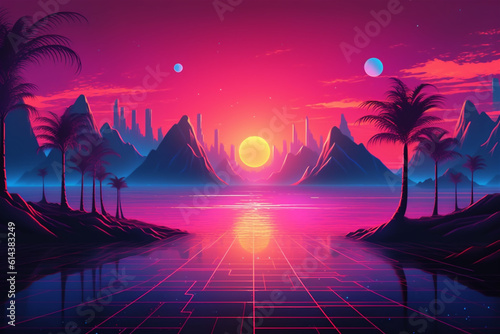 sunset in the sea,Exaggerated illustration style of blue and purple tones