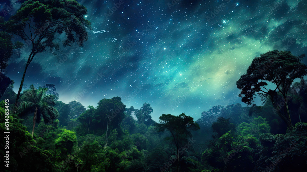 Rain forest at night time. Night time in a rain forest with beautiful milyway like nebula in the sky. Beautiful jungle and tree canopy. Generative AI Rain forest at night time. Night time in a rain forest with beautiful milyway like nebula in the sky. Beautiful jungle and tree canopy. Generative AI