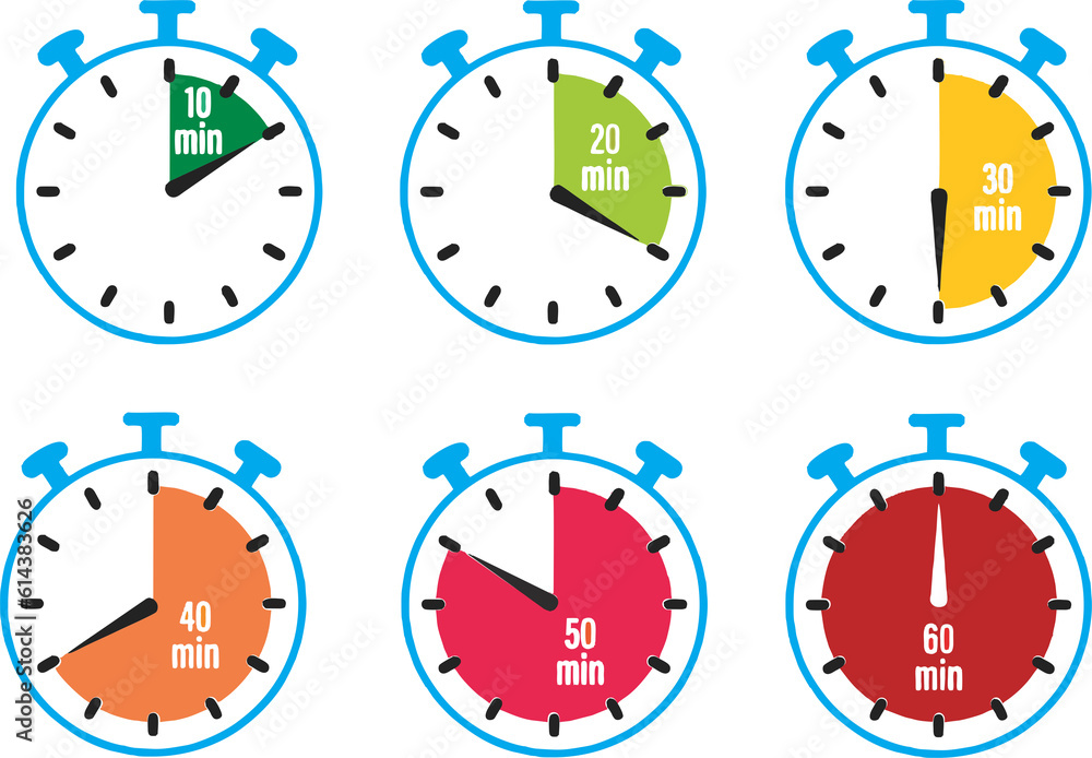 Set of Graphic Stopwatches showing time limit ten to sixty minutes