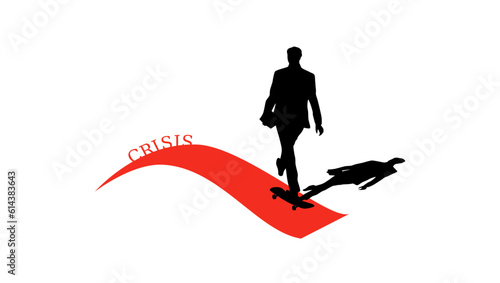 Crisis for medium business, businessman on a skateboard in front of a steep descent